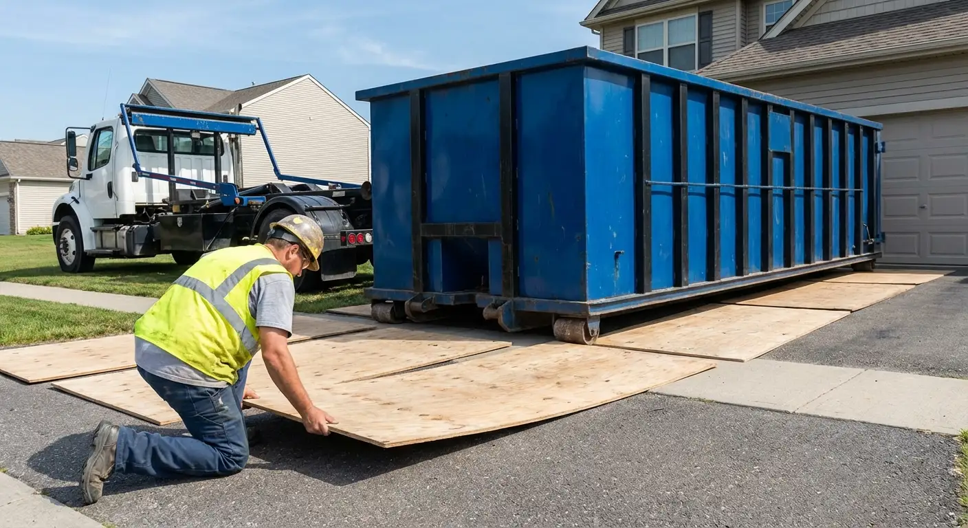 Driveway protection and delivery preparation for dumpster rental in Fort Worth, TX