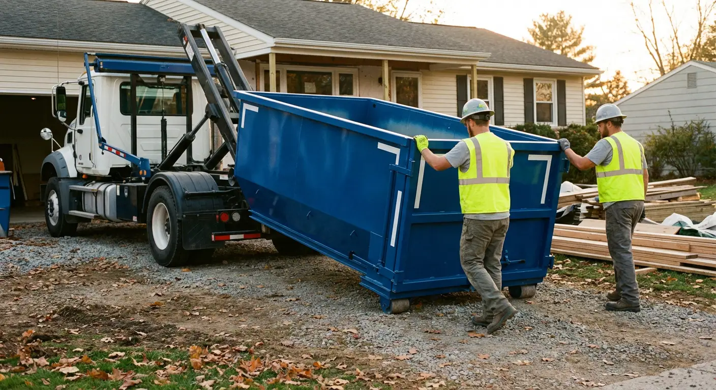 Construction dumpster delivery truck in action in Fort Worth, TX
