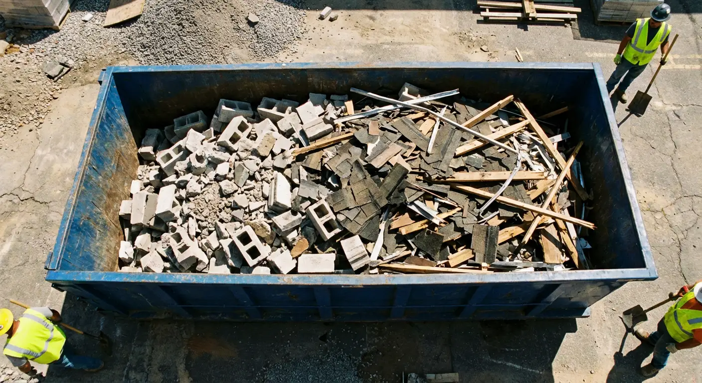 Roll-off dumpster loaded with construction debris in Fort Worth, TX