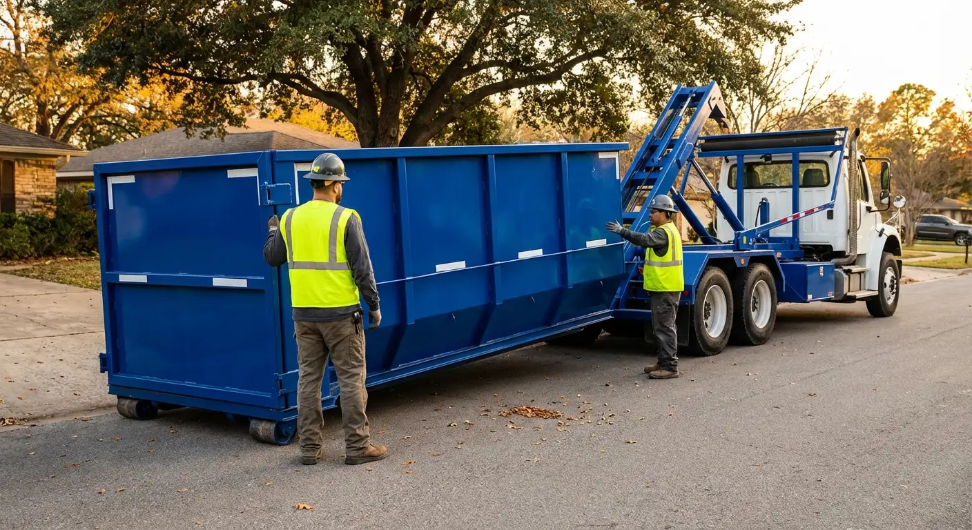 Roll-off dumpster delivery truck in operation in Fort Worth, TX