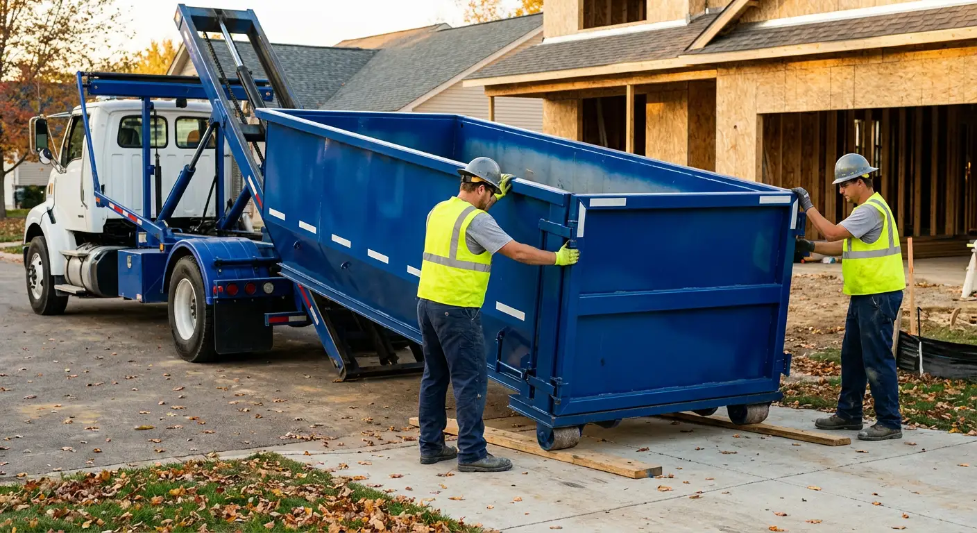Roll-off dumpster delivery truck in residential area in Fort Worth, TX