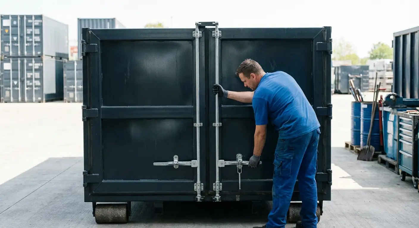 Dumpster walk-in loading door open showing easy access in Fort Worth, TX