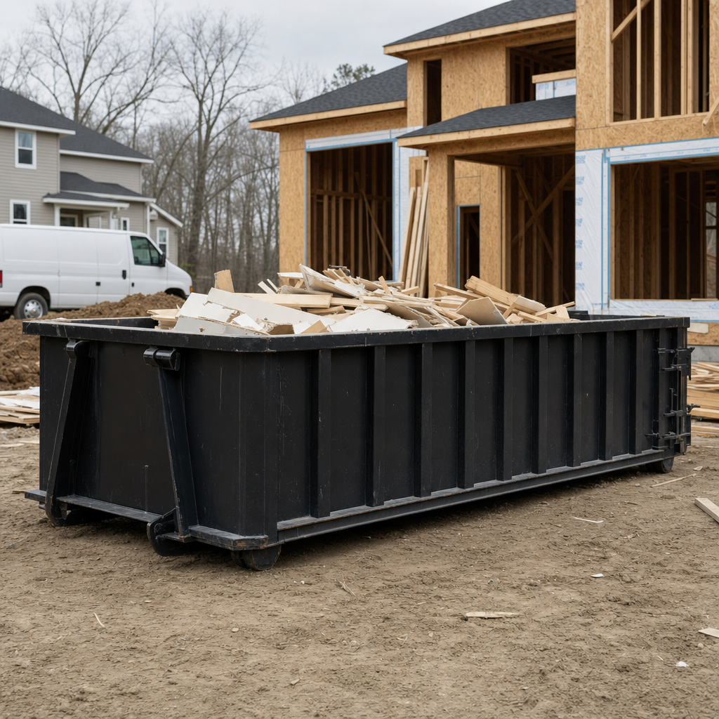 Worker in a yellow high-visibility vest tossing framing lumber and broken drywall into a matte-black 30-yard construction roll-off dumpster on an active build site in Fort Worth, bright daylight