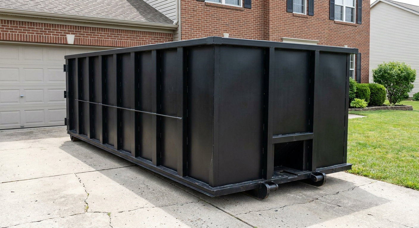 Matte-black 20-yard roll-off container on a Fort Worth residential concrete driveway with reinforced ribbed steel sidewalls and a hinged rear walk-in door, clean bright daylight.