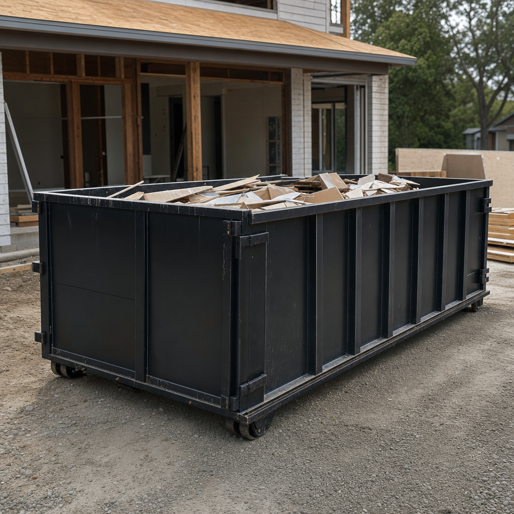Large matte-black 30-yard construction roll-off dumpster at an active Fort Worth jobsite, steel-gray top rails and bottom rollers visible, loaded with construction debris.