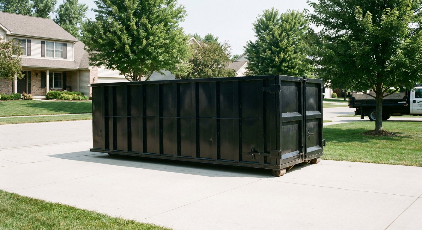 Matte-black 20-yard roll-off dumpster sitting level on a clean Fort Worth residential concrete driveway under bright daylight, demonstrating clean placement directly on the concrete.