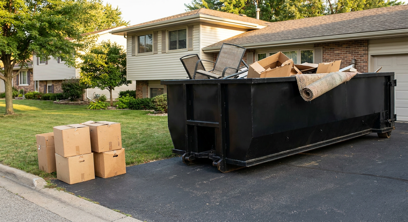Front-yard view of a Fort Worth split-level home with a 20-yard matte-black roll-off dumpster sitting directly on the asphalt driveway, a few clearly labeled donation boxes staged at the curb, calm sunny afternoon.