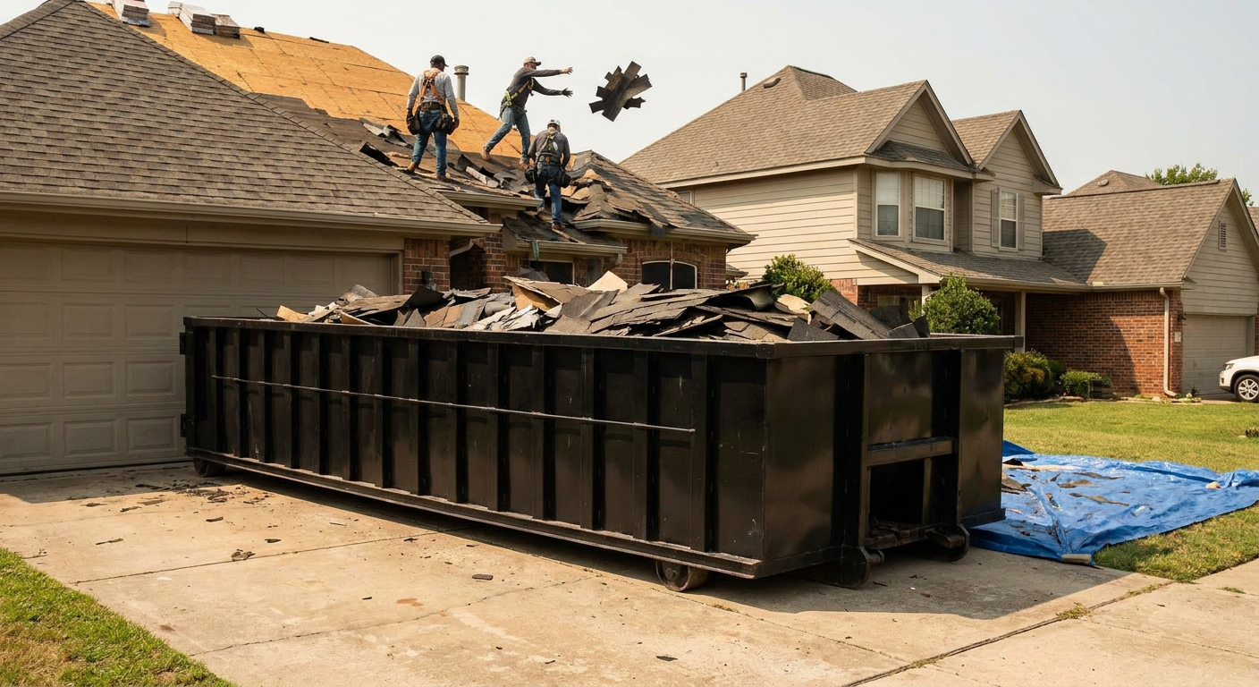 Matte-black roofing roll-off dumpster placed directly on a Fort Worth residential concrete driveway, a tear-off crew on a two-story asphalt-shingle roof tossing shingle bundles into the low-walled container, bright daylight, documentary 35mm perspective.