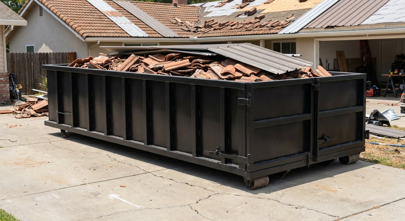 Matte-black low-wall heavy-debris roofing roll-off dumpster sitting directly on a Fort Worth concrete driveway, broken concrete clay roof tiles and metal panel sections loaded inside, reinforced ribbed steel side walls visible, bright outdoor daylight.