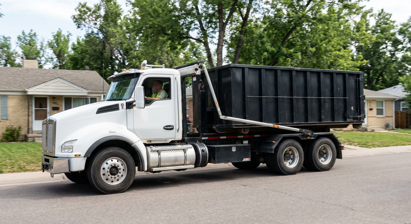A wide documentary shot of a matte-black roll-off delivery truck pulling onto a quiet Fort Worth residential street at mid-morning, with neighborhood rooftops and tree-lined blocks visible behind, showing the metro coverage footprint.