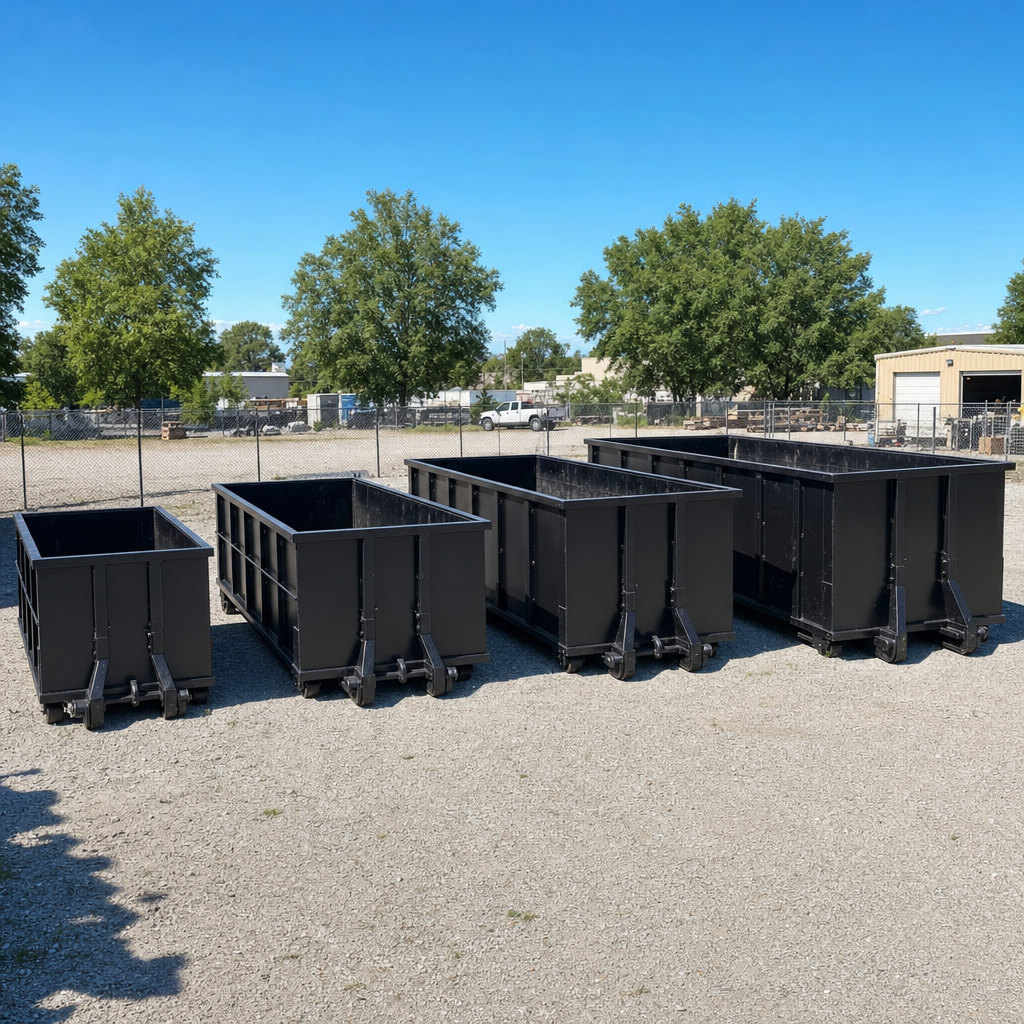 A clean lineup of matte-black roll-off dumpsters in 10, 20, 30, and 40-yard sizes staged on a sunlit gravel yard in Fort Worth, showing the size progression from compact to commercial-scale containers.