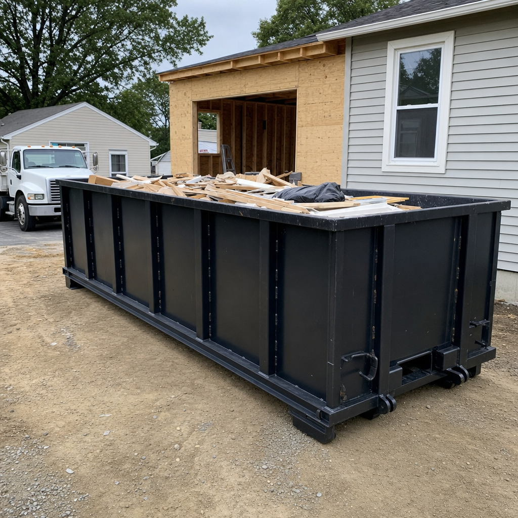 A matte-black 30-yard roll-off dumpster positioned at a Fort Worth residential addition jobsite, with framing lumber and drywall scraps loaded through the open swinging rear doors.