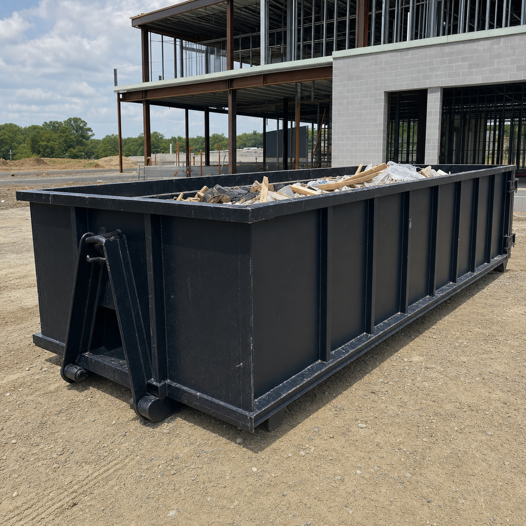 A matte-black 40-yard roll-off dumpster staged on a large Fort Worth commercial construction lot, with a hooklift delivery truck parked alongside under bright midday sky.