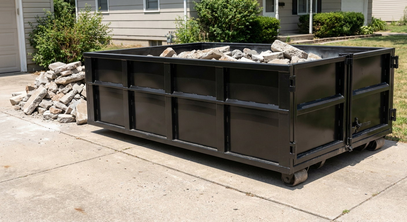 A matte-black low-side heavy-debris roll-off dumpster placed directly on a Fort Worth concrete driveway, with broken concrete chunks neatly stacked beside it under clean daylight.